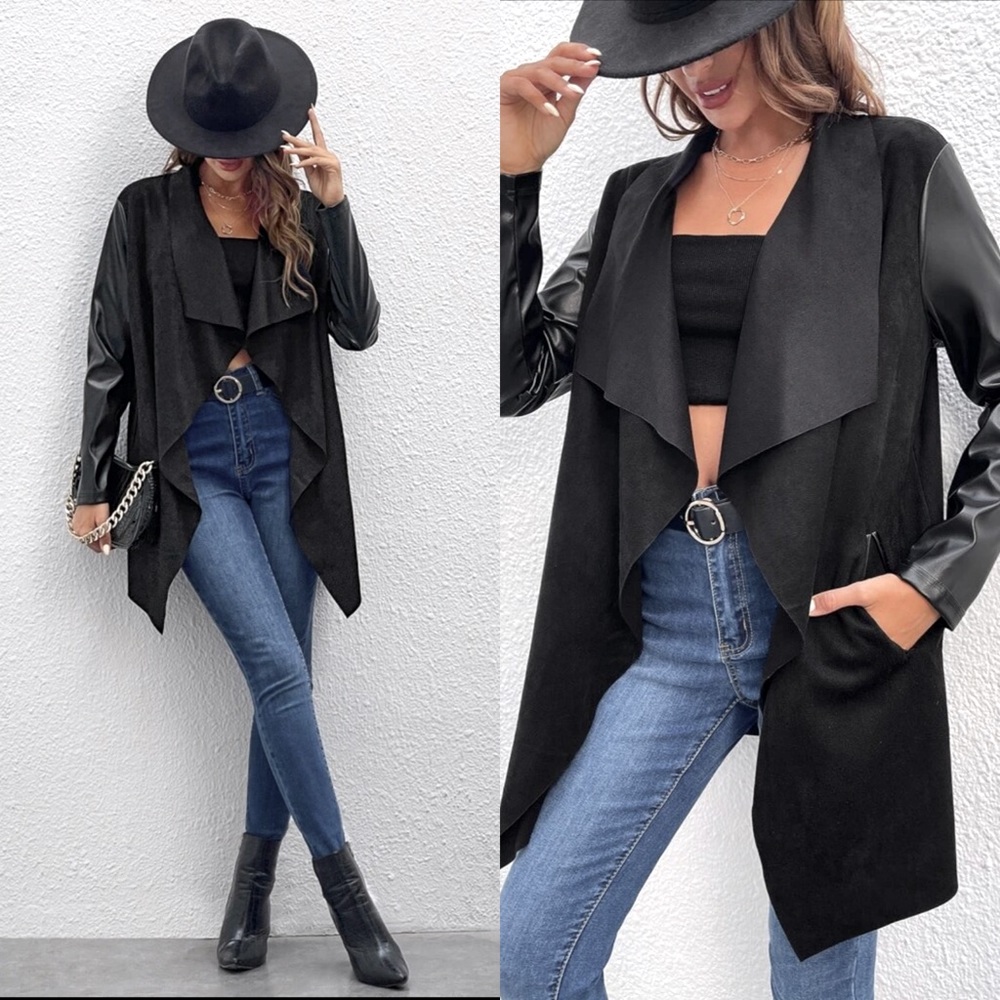 Waterfall Collar Open Front PU Leather Coat